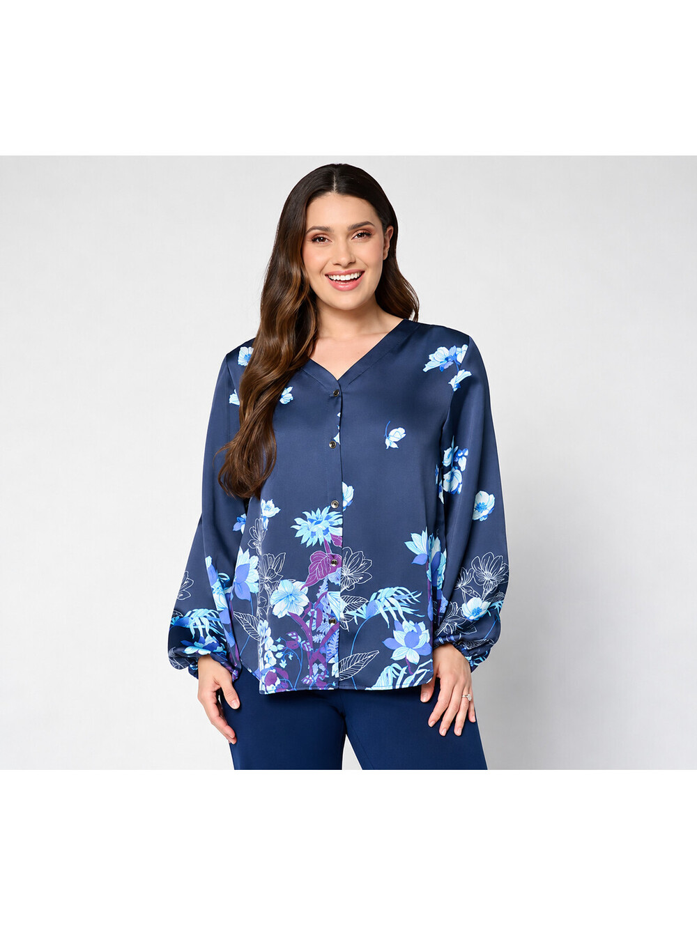 Dennis Basso Regular Printed V-Neck Blouse with Hi/Low Hem Indigo, Size Medium